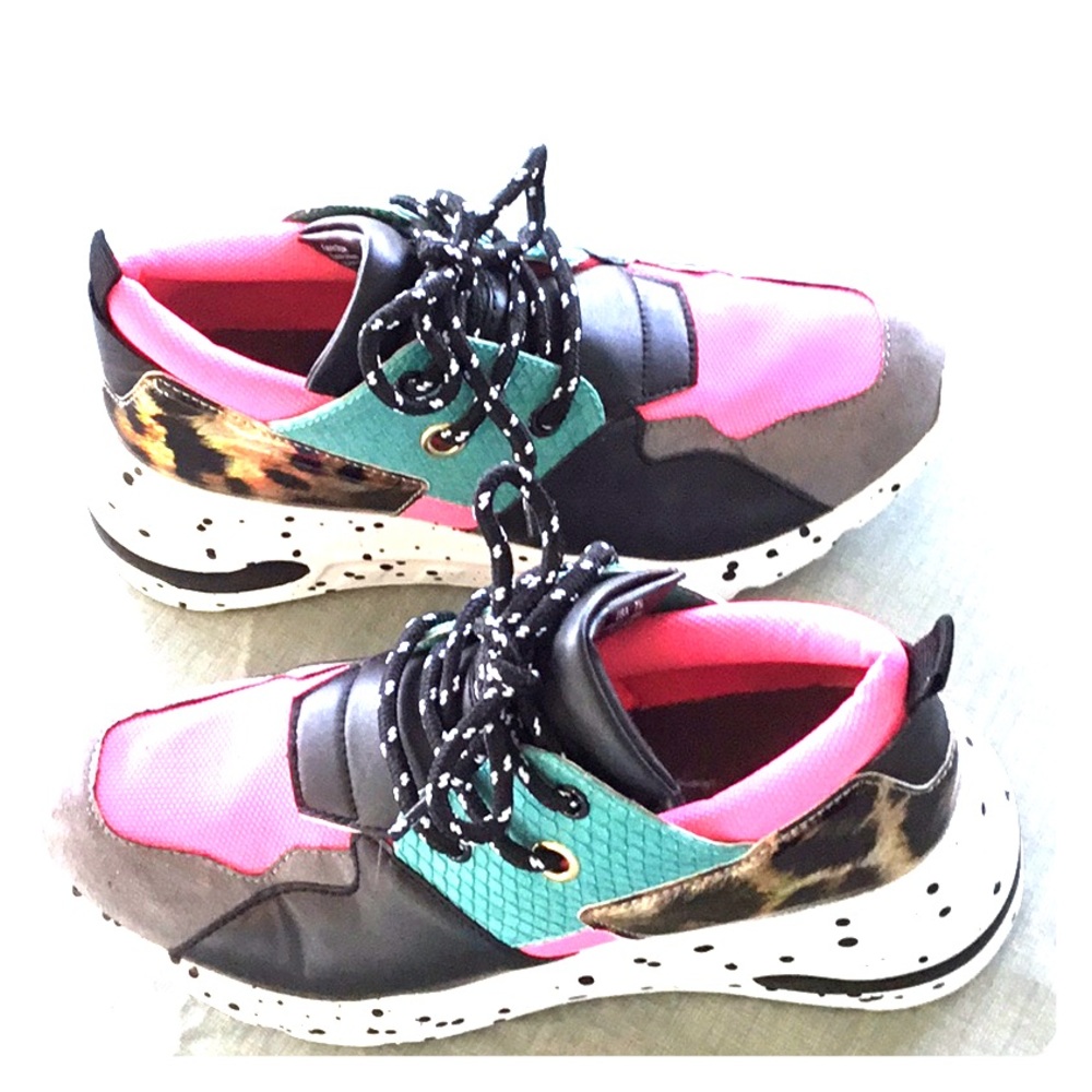 Brash multi-colored sneakers.